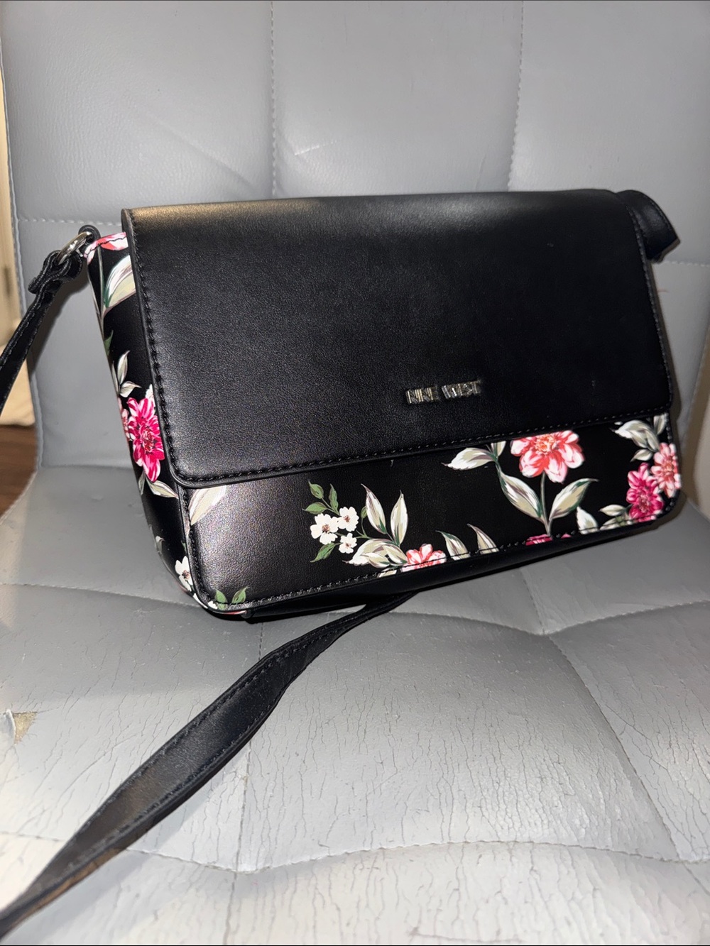 Nine West Black Floral Crossbody with Pink Accents